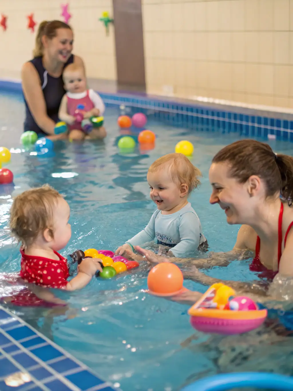 A photograph of a swim teacher interacting positively with a group of young children in a pool, demonstrating the practical application of the training.